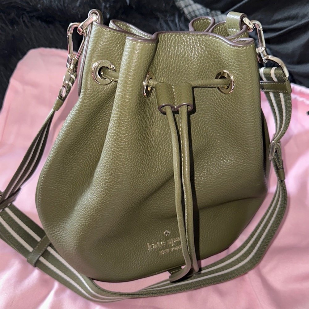 Kate Spade Olive Green Pebbled Leather Drawstring Bucket Bag